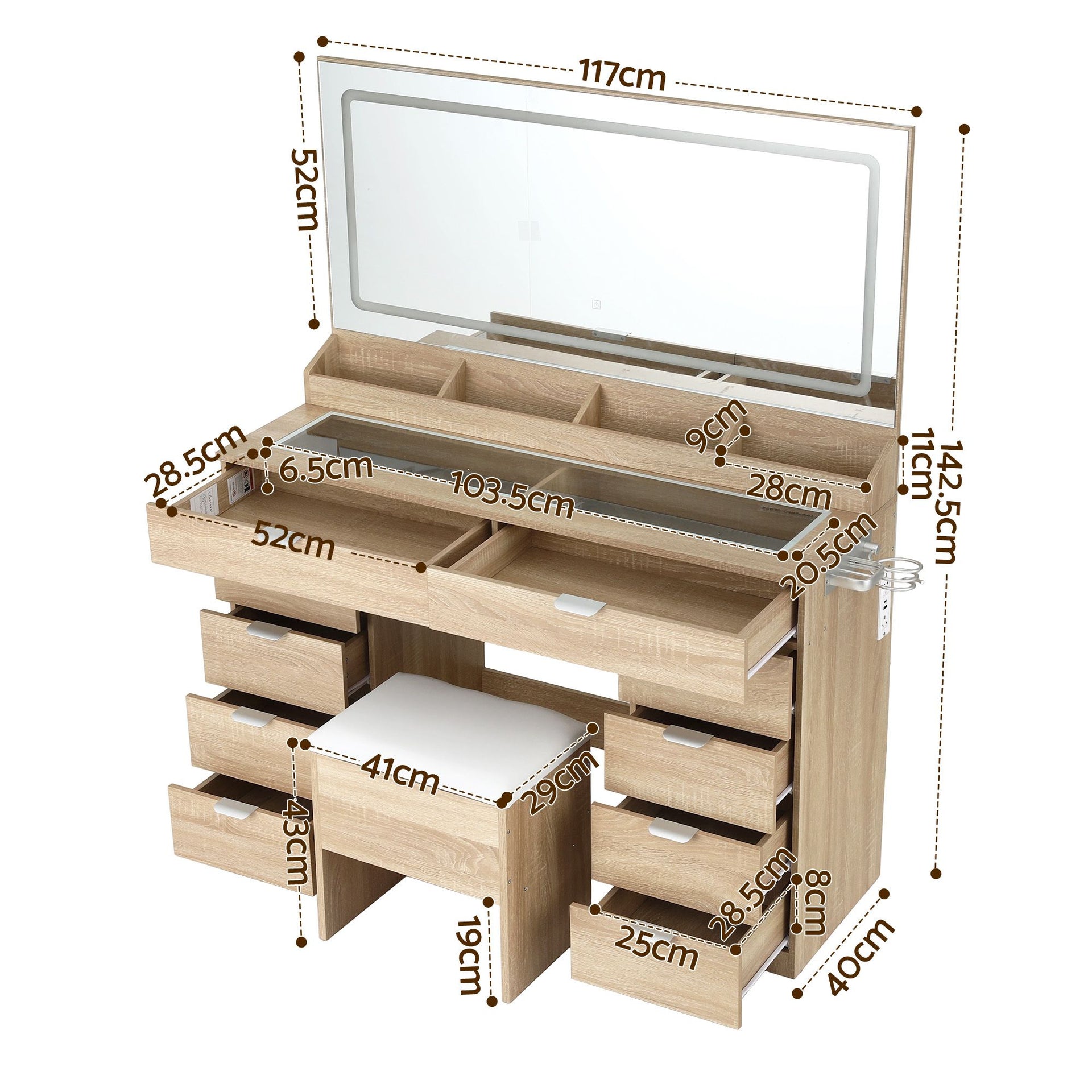 Artiss Dressing Table Makeup Vanity Desk Large LED Mirror 10 Drawers Power Outlet Hair Dryer Holder Hook Wood Awezingly