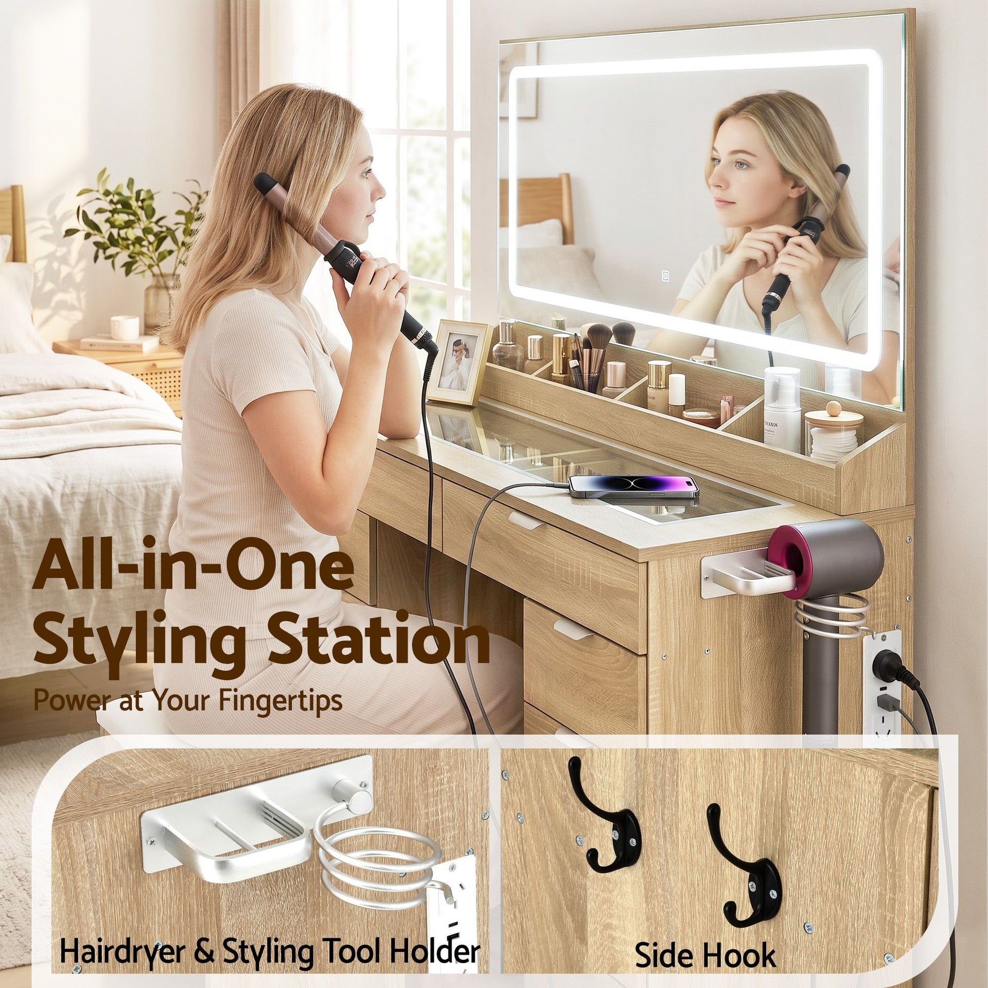 Artiss Dressing Table Makeup Vanity Desk Large LED Mirror 10 Drawers Power Outlet Hair Dryer Holder Hook Wood Awezingly