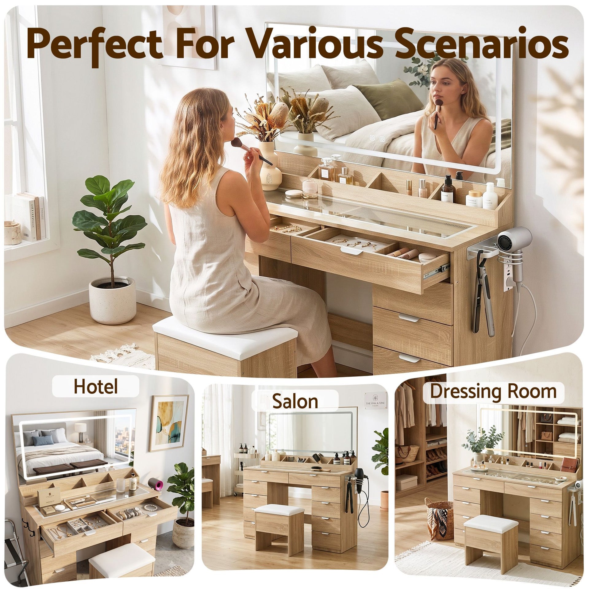 Artiss Dressing Table Makeup Vanity Desk Large LED Mirror 10 Drawers Power Outlet Hair Dryer Holder Hook Wood Awezingly