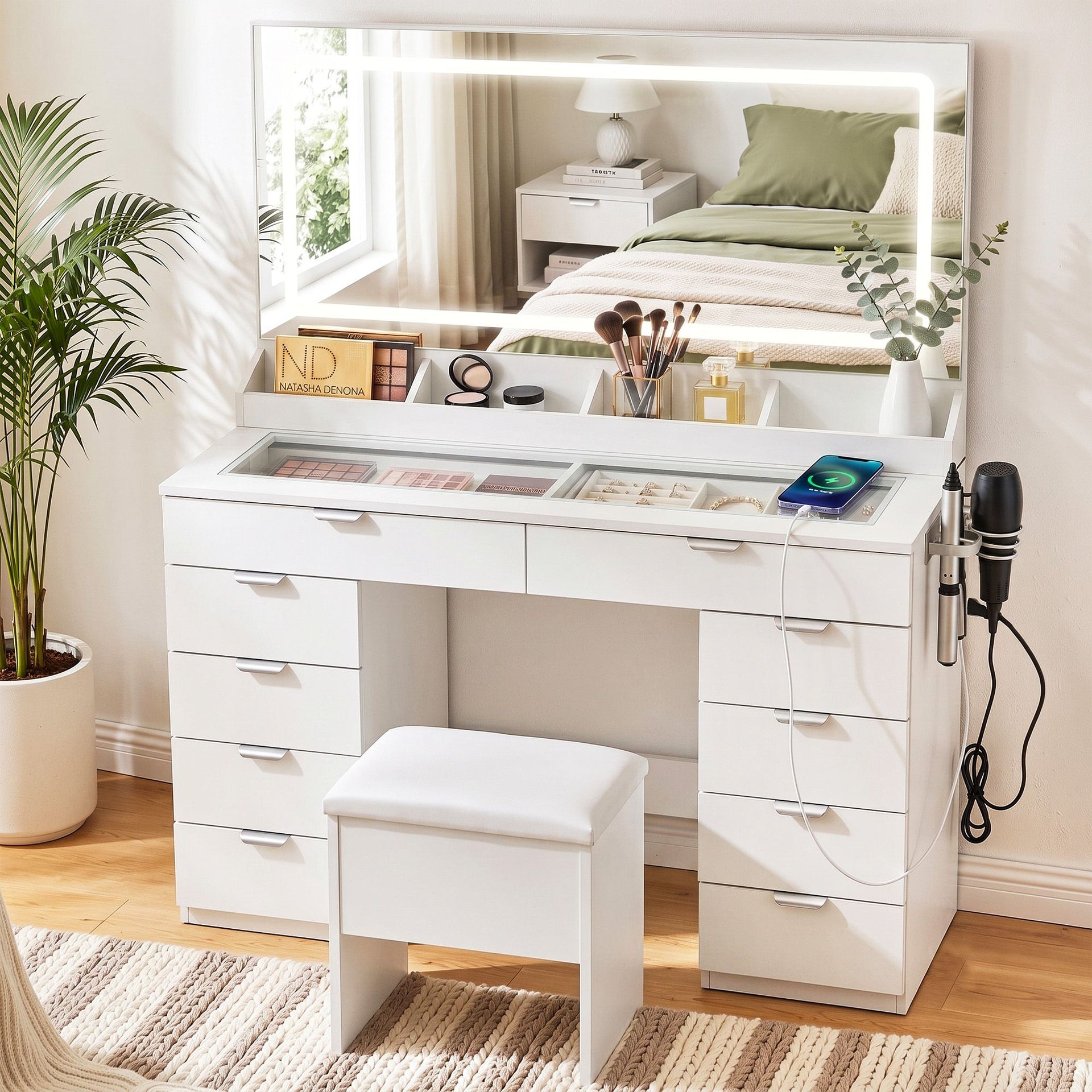 Artiss Dressing Table Makeup Vanity Desk Large LED Mirror 10 Drawers Power Outlet Hair Dryer Holder Hook White Awezingly