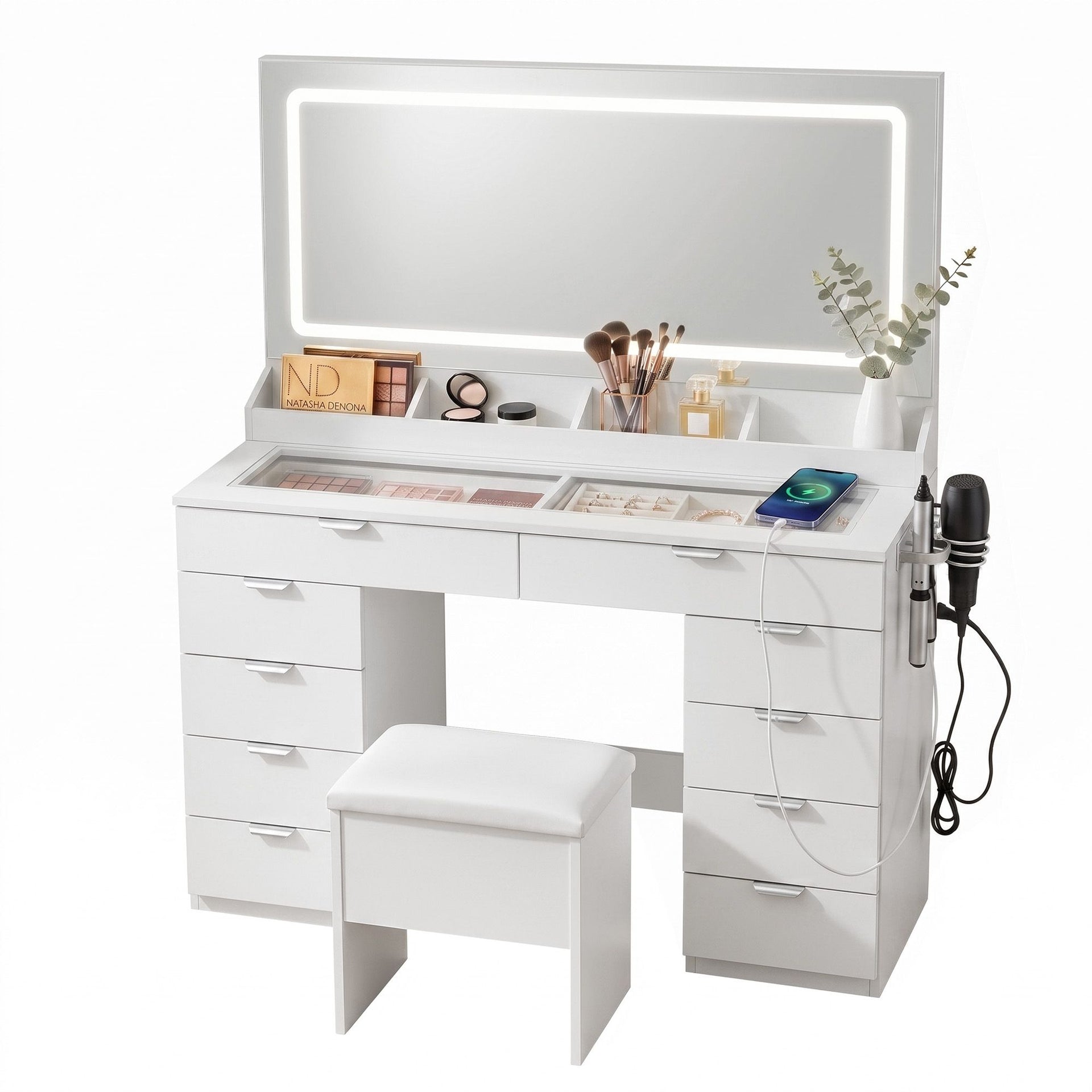 Artiss Dressing Table Makeup Vanity Desk Large LED Mirror 10 Drawers Power Outlet Hair Dryer Holder Hook White Awezingly
