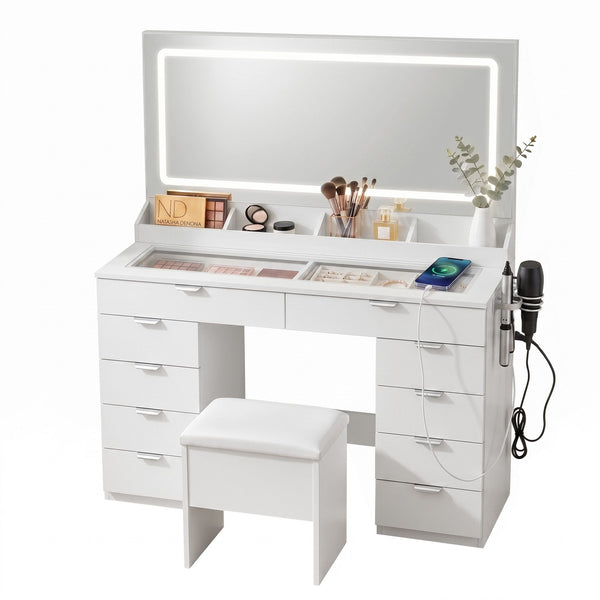 Artiss Dressing Table Makeup Vanity Desk Large LED Mirror 10 Drawers Power Outlet Hair Dryer Holder Hook White Awezingly
