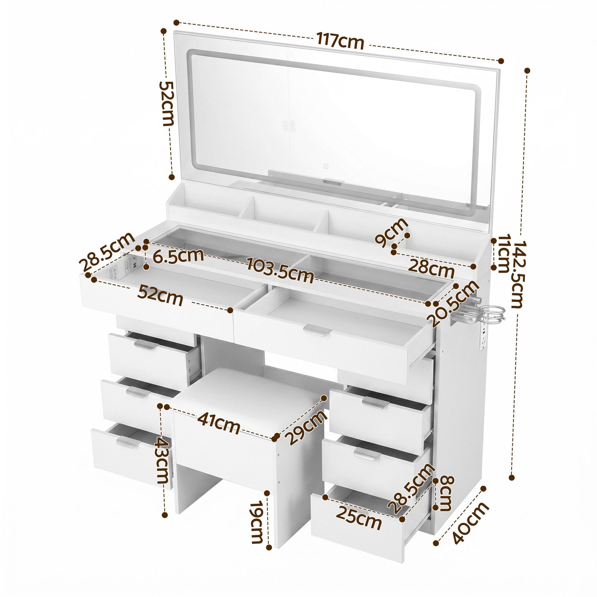 Artiss Dressing Table Makeup Vanity Desk Large LED Mirror 10 Drawers Power Outlet Hair Dryer Holder Hook White Awezingly