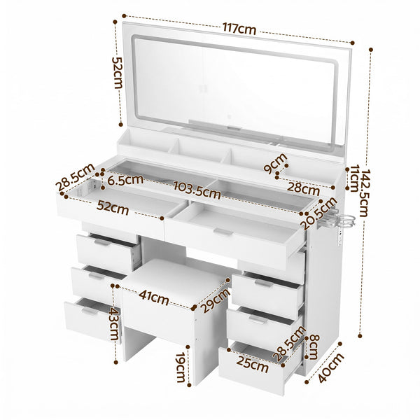 Artiss Dressing Table Makeup Vanity Desk Large LED Mirror 10 Drawers Power Outlet Hair Dryer Holder Hook White Awezingly