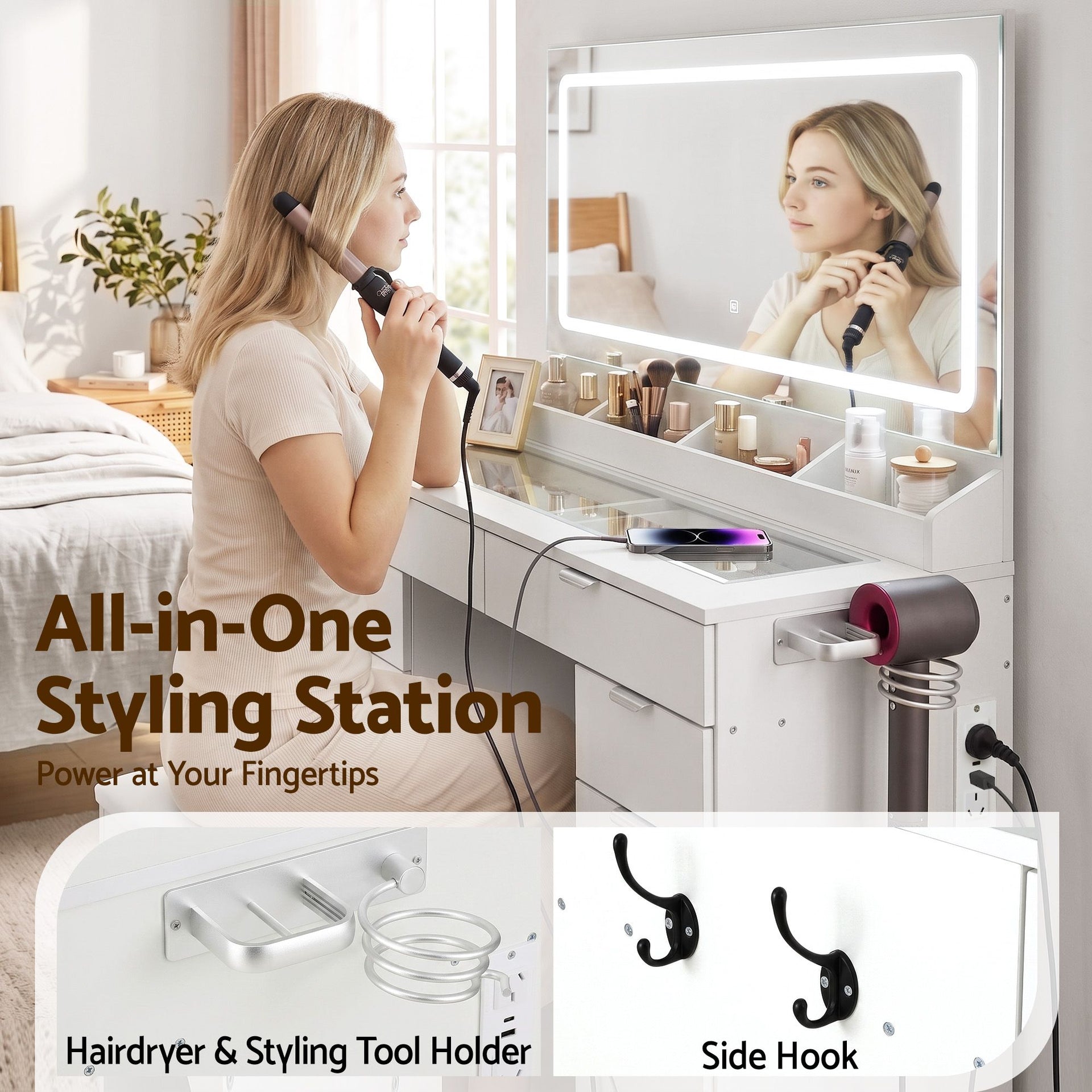 Artiss Dressing Table Makeup Vanity Desk Large LED Mirror 10 Drawers Power Outlet Hair Dryer Holder Hook White Awezingly