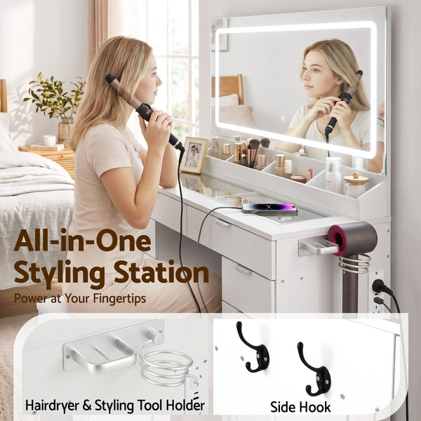 Artiss Dressing Table Makeup Vanity Desk Large LED Mirror 10 Drawers Power Outlet Hair Dryer Holder Hook White Awezingly