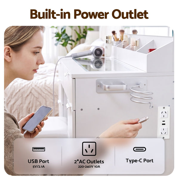 Artiss Dressing Table Makeup Vanity Desk Large LED Mirror 10 Drawers Power Outlet Hair Dryer Holder Hook White Awezingly