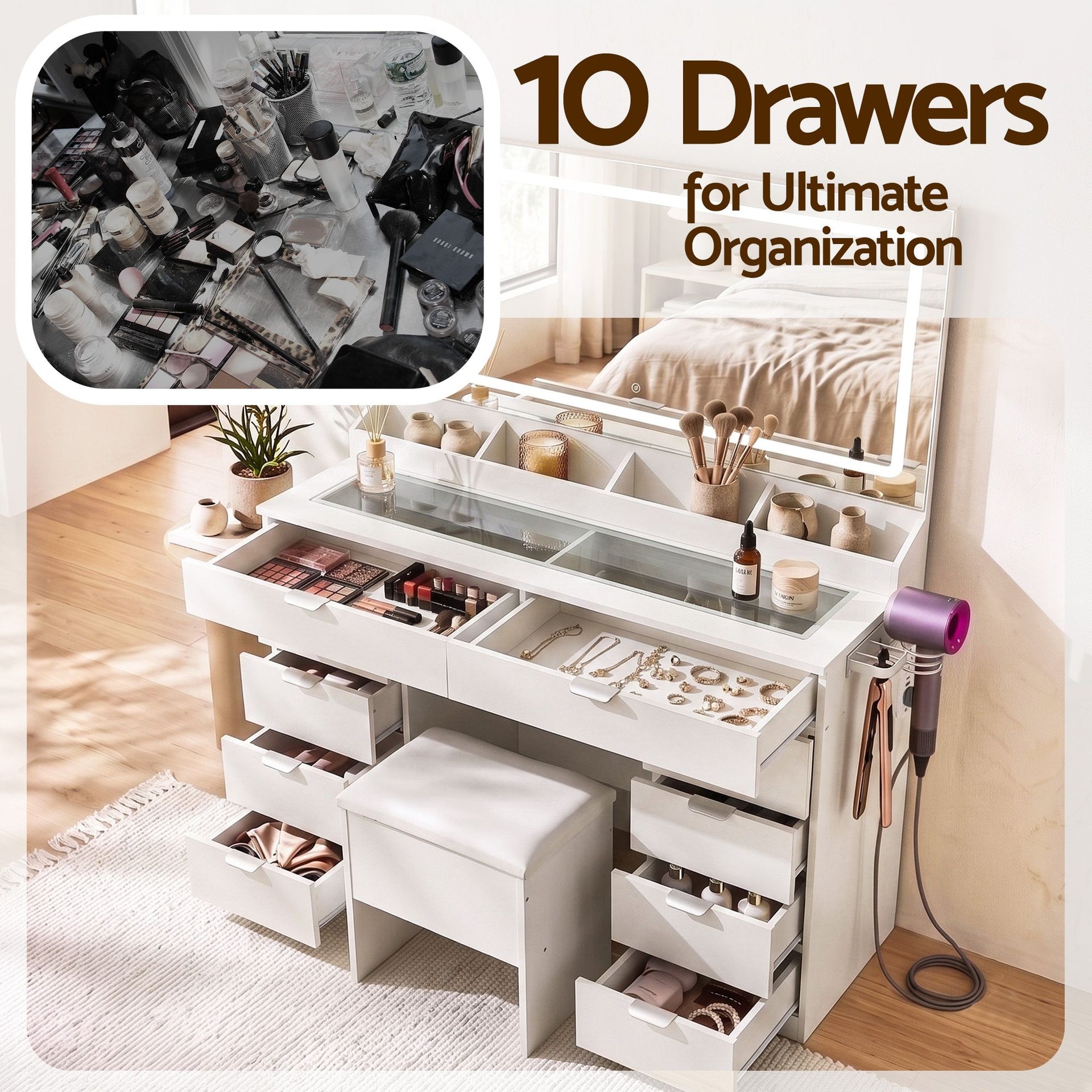 Artiss Dressing Table Makeup Vanity Desk Large LED Mirror 10 Drawers Power Outlet Hair Dryer Holder Hook White Awezingly