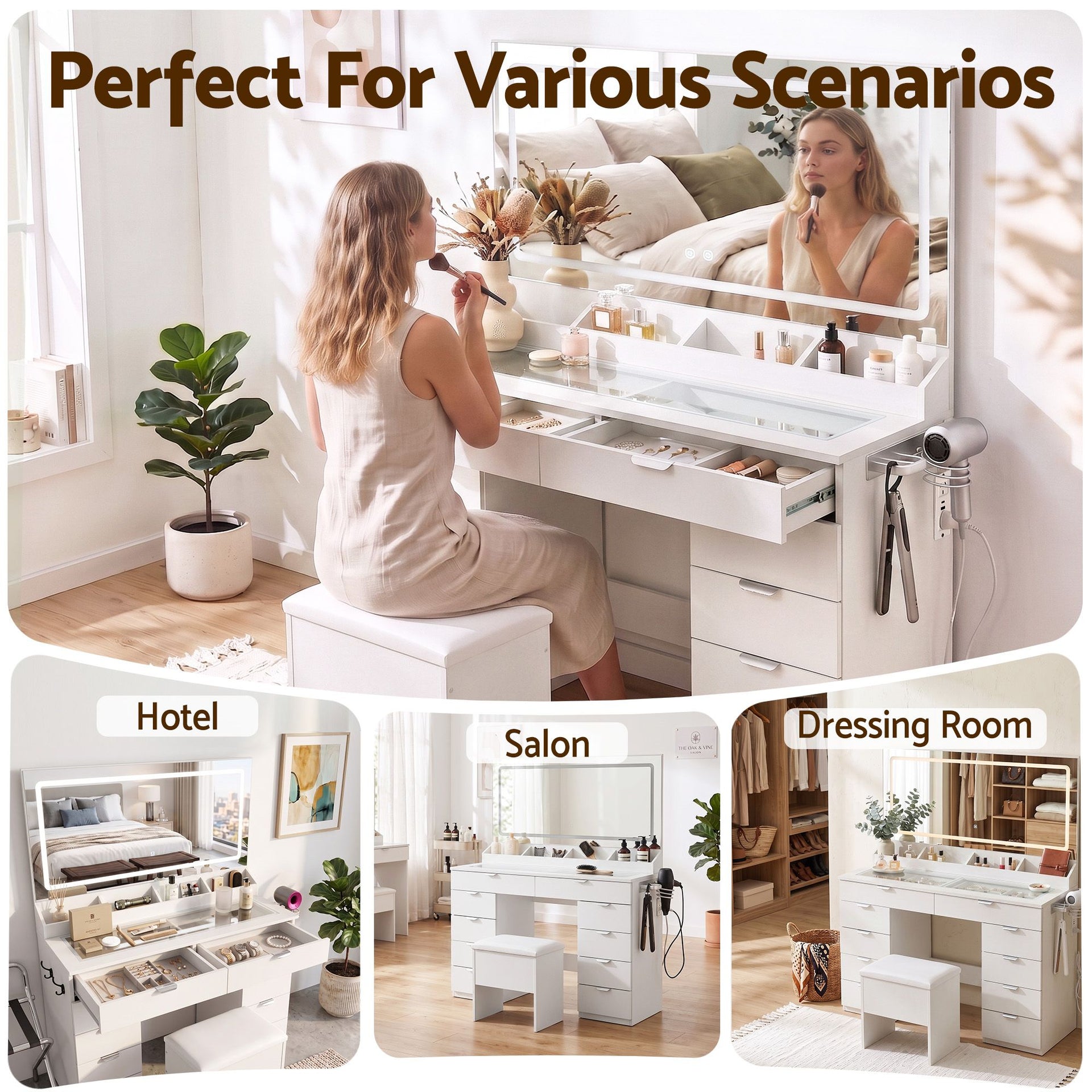 Artiss Dressing Table Makeup Vanity Desk Large LED Mirror 10 Drawers Power Outlet Hair Dryer Holder Hook White Awezingly
