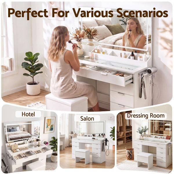 Artiss Dressing Table Makeup Vanity Desk Large LED Mirror 10 Drawers Power Outlet Hair Dryer Holder Hook White Awezingly