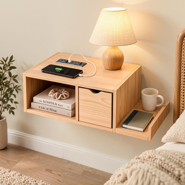 Artiss Floating Bedside Table with Charging Station Drawer Wall Mounted Oak Awezingly