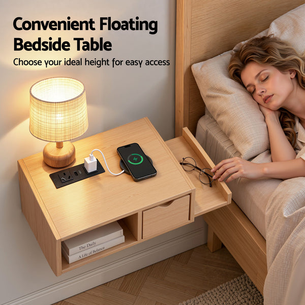 Artiss Floating Bedside Table with Charging Station Drawer Wall Mounted Oak Awezingly