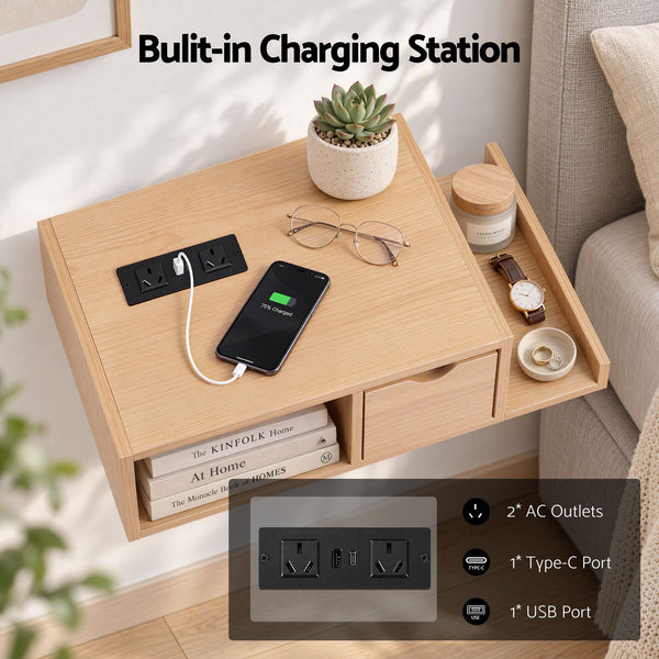 Artiss Floating Bedside Table with Charging Station Drawer Wall Mounted Oak Awezingly
