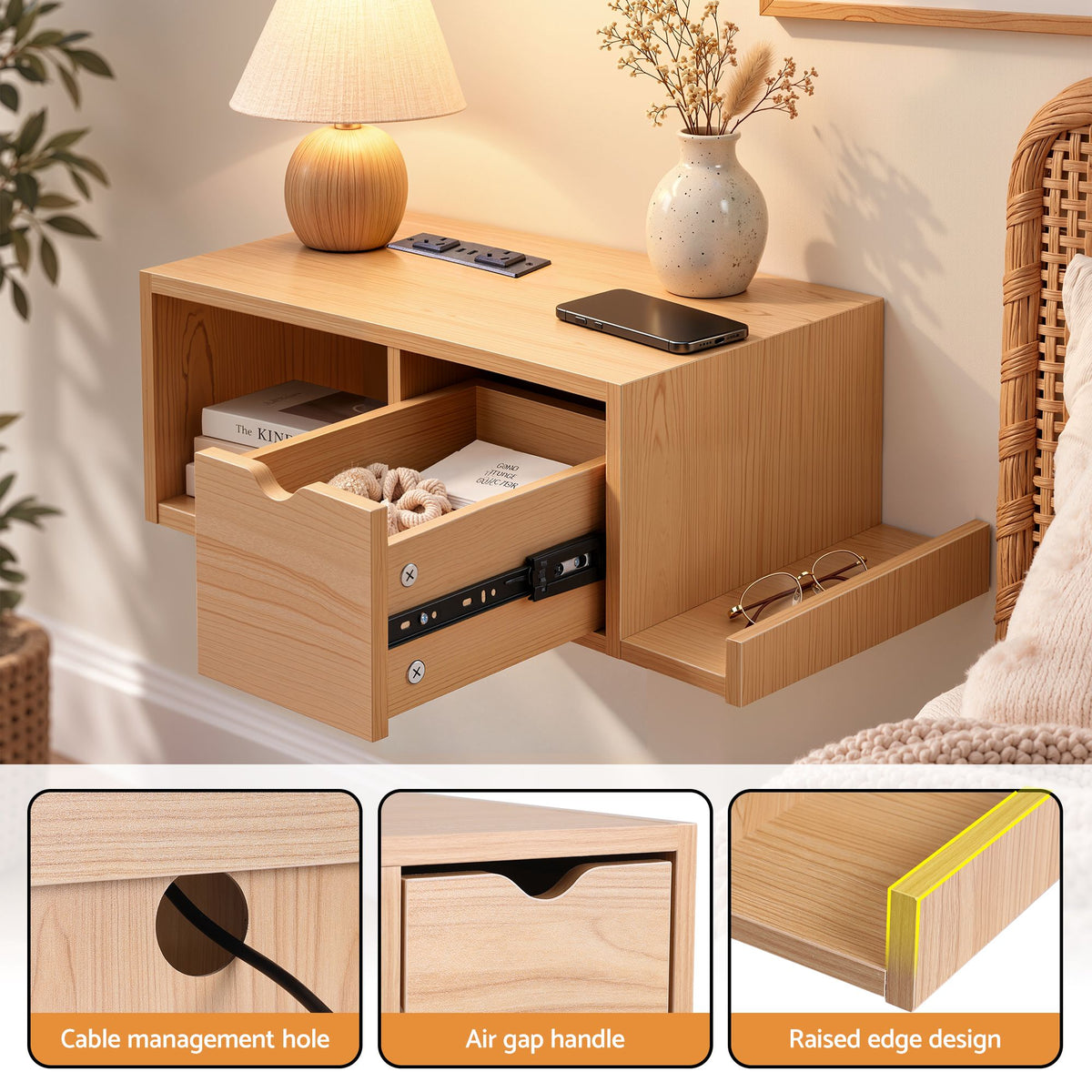 Artiss Floating Bedside Table with Charging Station Drawer Wall Mounted Oak Awezingly