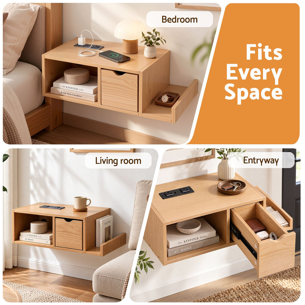 Artiss Floating Bedside Table with Charging Station Drawer Wall Mounted Oak Awezingly