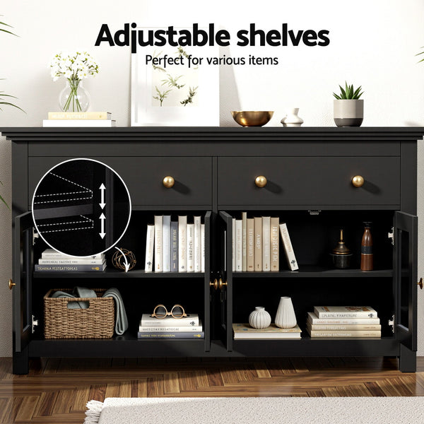 Artiss Buffet Sideboard Storage Cabinet Kitchen Cupboard Clear Door Drawer Black Awezingly