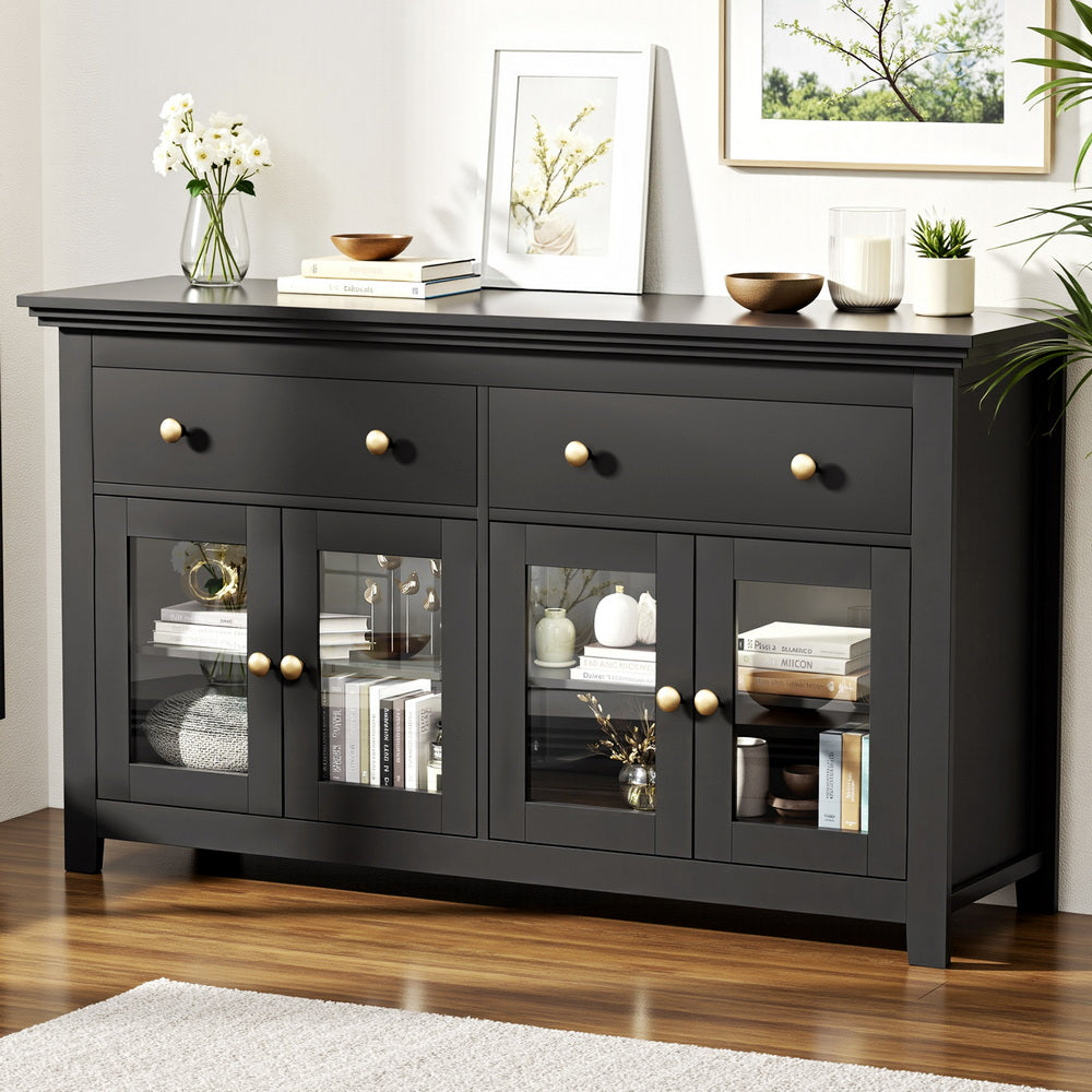 Artiss Buffet Sideboard Storage Cabinet Kitchen Cupboard Clear Door Drawer Black Awezingly