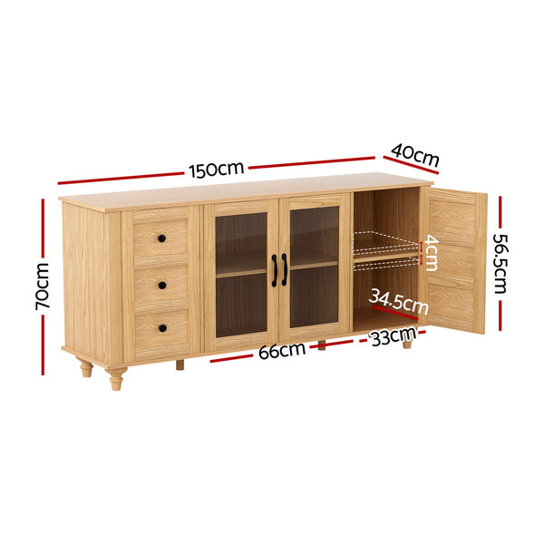 Artiss Buffet Sideboard Storage Cabinet Kitchen Cupboard Faux Drawer 150CM Pine Awezingly