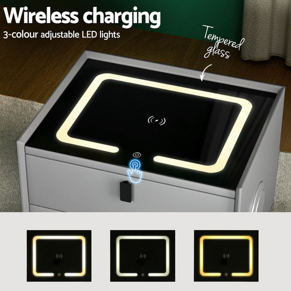 Artiss Smart Bedside Table with Wireless Charging - AIKA Grey Artiss