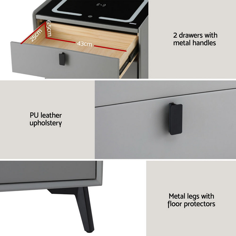 Artiss Smart Bedside Table with Wireless Charging - AIKA Grey Artiss