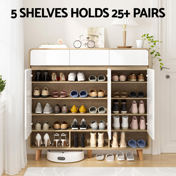 Artiss Shoe Rack Cabinet 25 Pairs Storage Cupboard Pine&White Awezingly