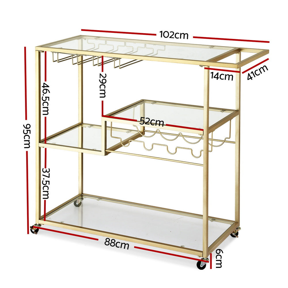 Artiss Bar Cart Drink Trolley Serving Cocktail Wine Rack Glass Holder 102cm Gold Awezingly