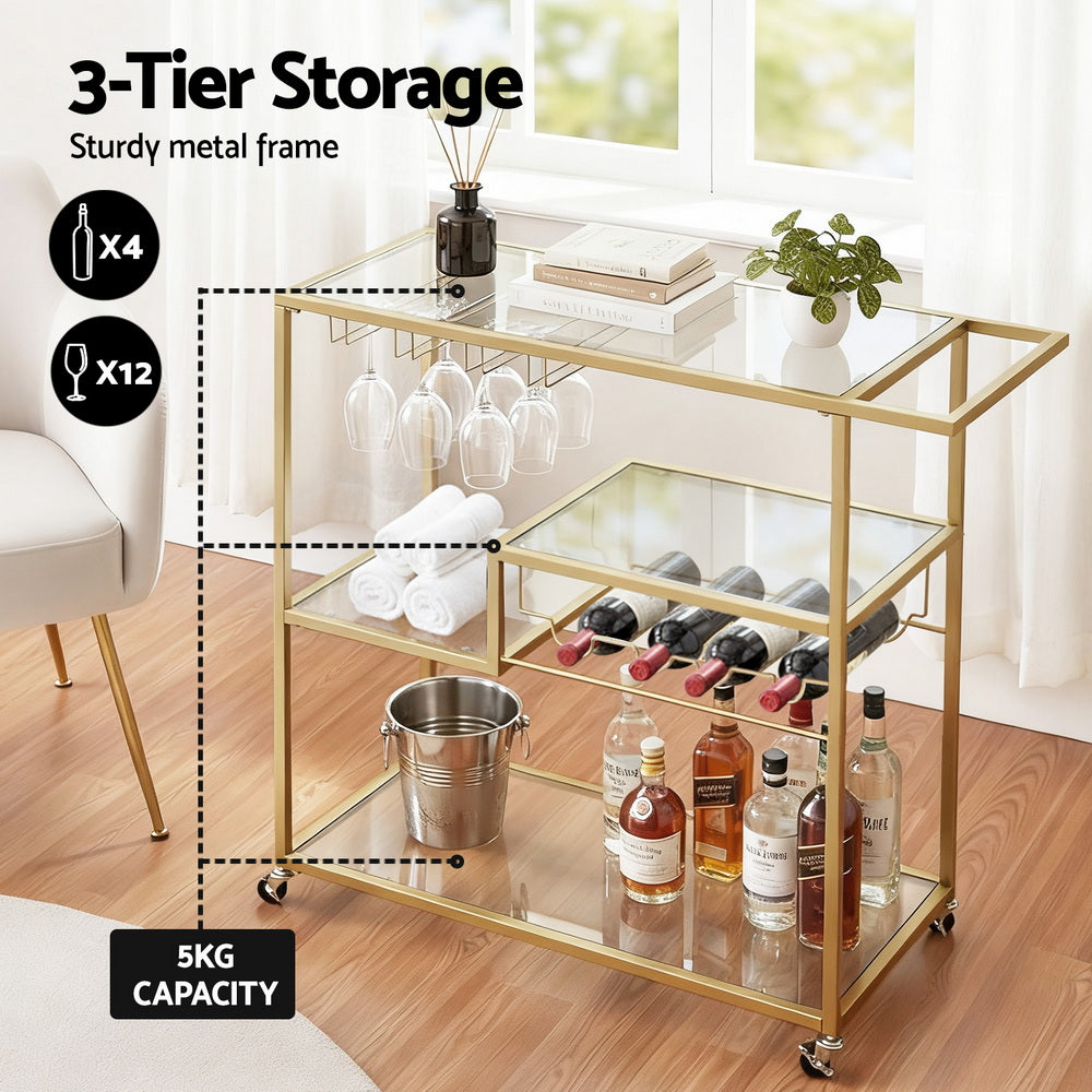 Artiss Bar Cart Drink Trolley Serving Cocktail Wine Rack Glass Holder 102cm Gold Awezingly