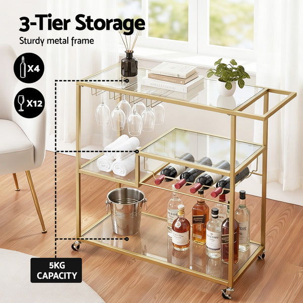 Artiss Bar Cart Drink Trolley Serving Cocktail Wine Rack Glass Holder 102cm Gold Awezingly