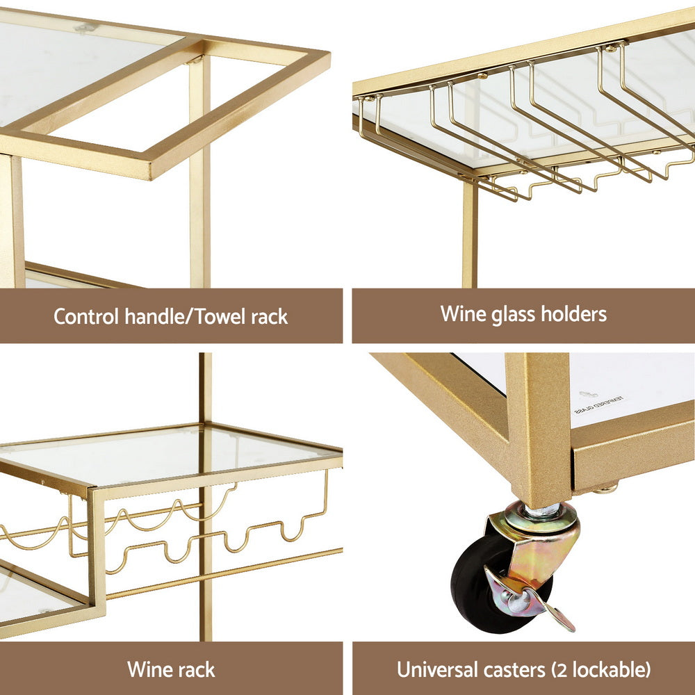 Artiss Bar Cart Drink Trolley Serving Cocktail Wine Rack Glass Holder 102cm Gold Awezingly