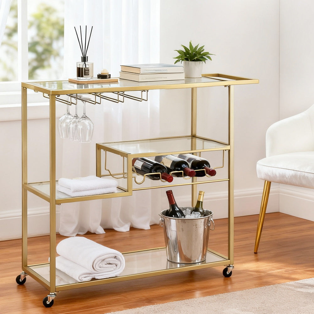 Artiss Bar Cart Drink Trolley Serving Cocktail Wine Rack Glass Holder 102cm Gold Awezingly