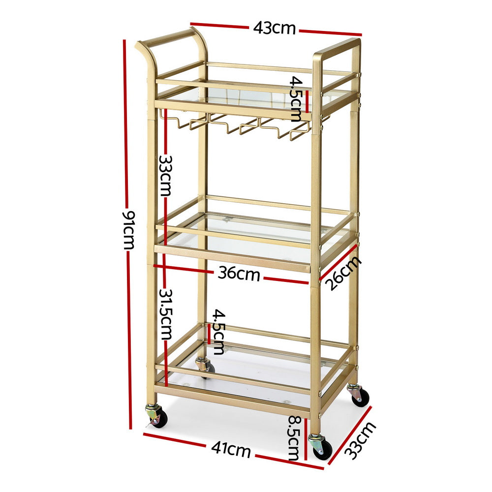 Artiss Kitchen Island Cart Trolley Rolling Serving Storage Wine Glass 43cm Gold Awezingly