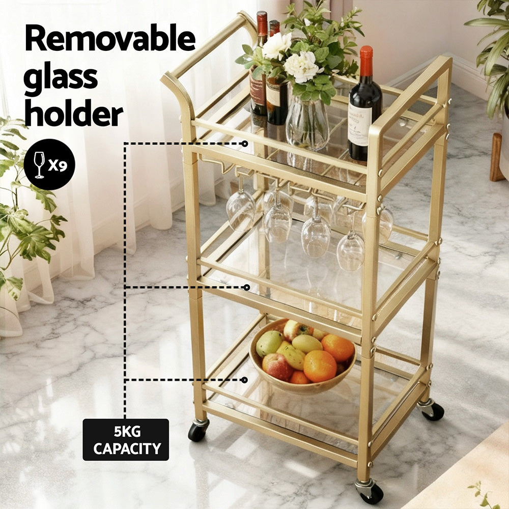 Artiss Kitchen Island Cart Trolley Rolling Serving Storage Wine Glass 43cm Gold Awezingly