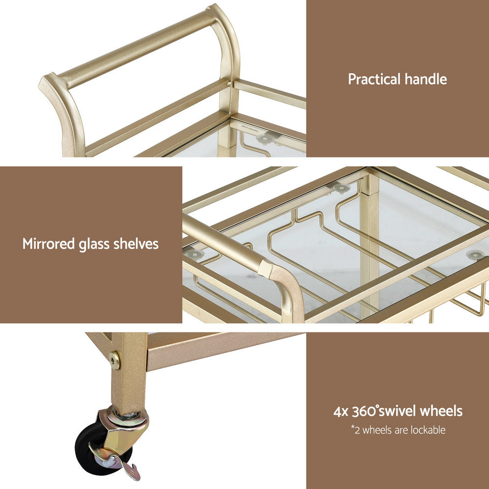 Artiss Kitchen Island Cart Trolley Rolling Serving Storage Wine Glass 43cm Gold Awezingly