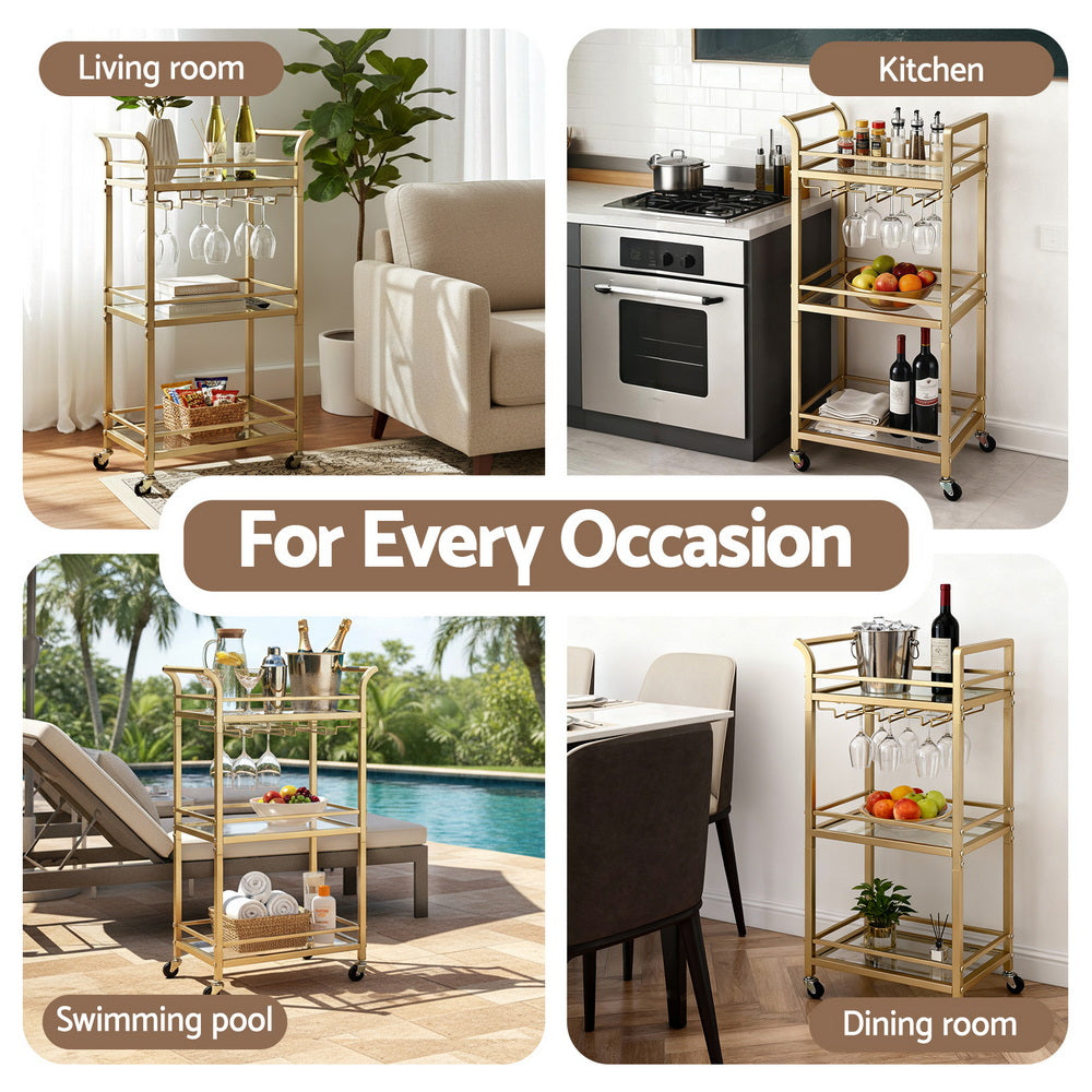 Artiss Kitchen Island Cart Trolley Rolling Serving Storage Wine Glass 43cm Gold Awezingly