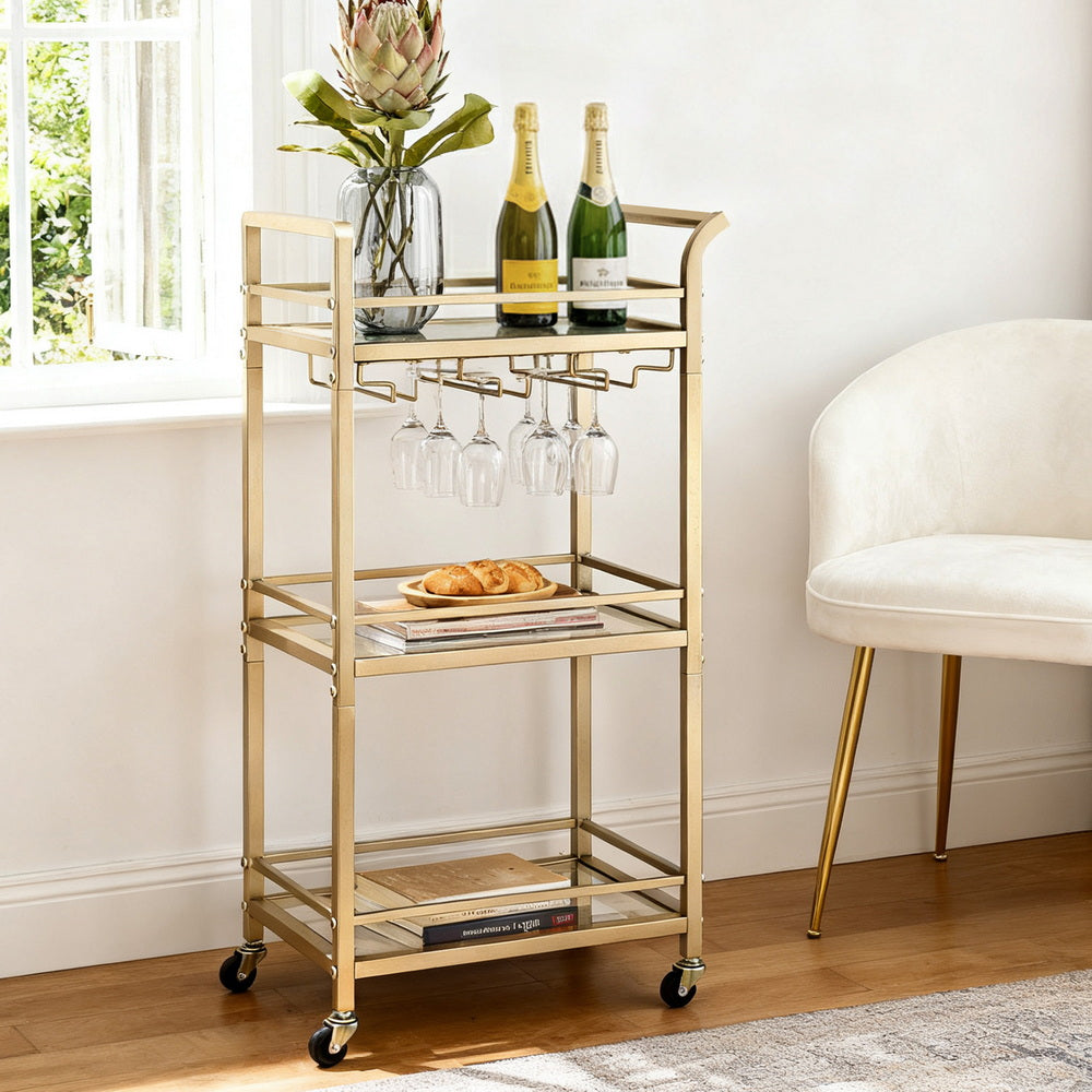 Artiss Kitchen Island Cart Trolley Rolling Serving Storage Wine Glass 43cm Gold Awezingly