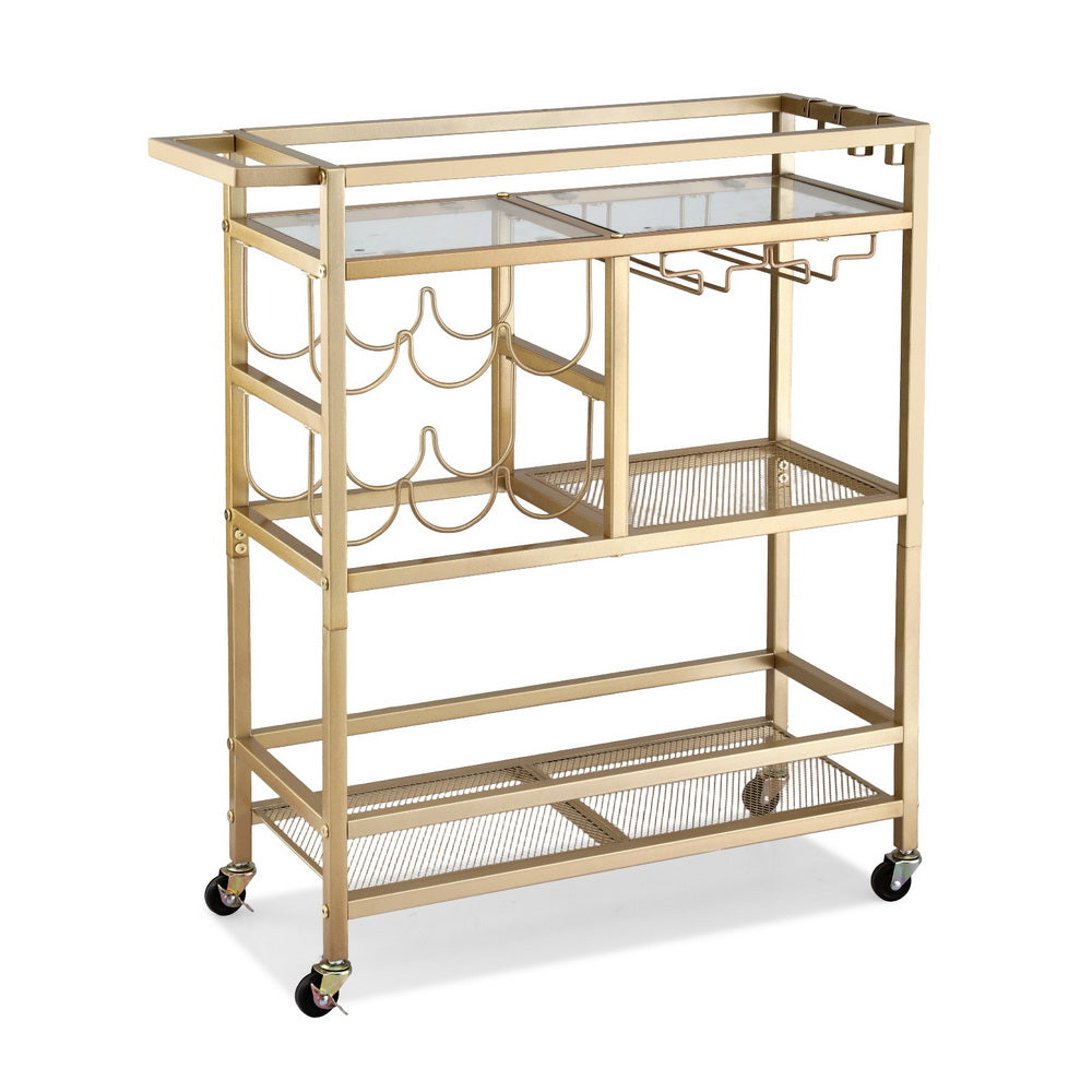 Artiss Bar Cart Drinks Trolley Serving Wine Rack Glass Holder 3 Hooks 72cm Gold Awezingly