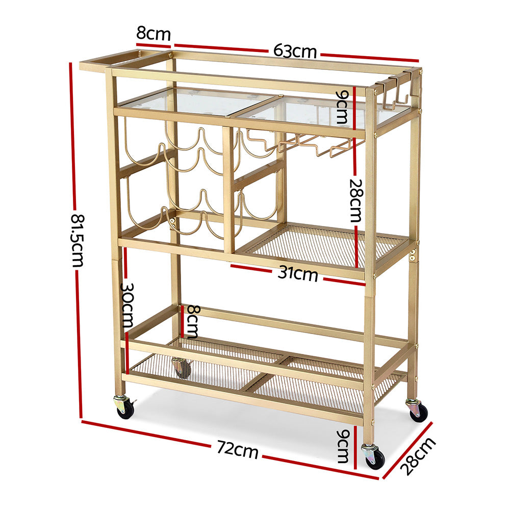 Artiss Bar Cart Drinks Trolley Serving Wine Rack Glass Holder 3 Hooks 72cm Gold Awezingly