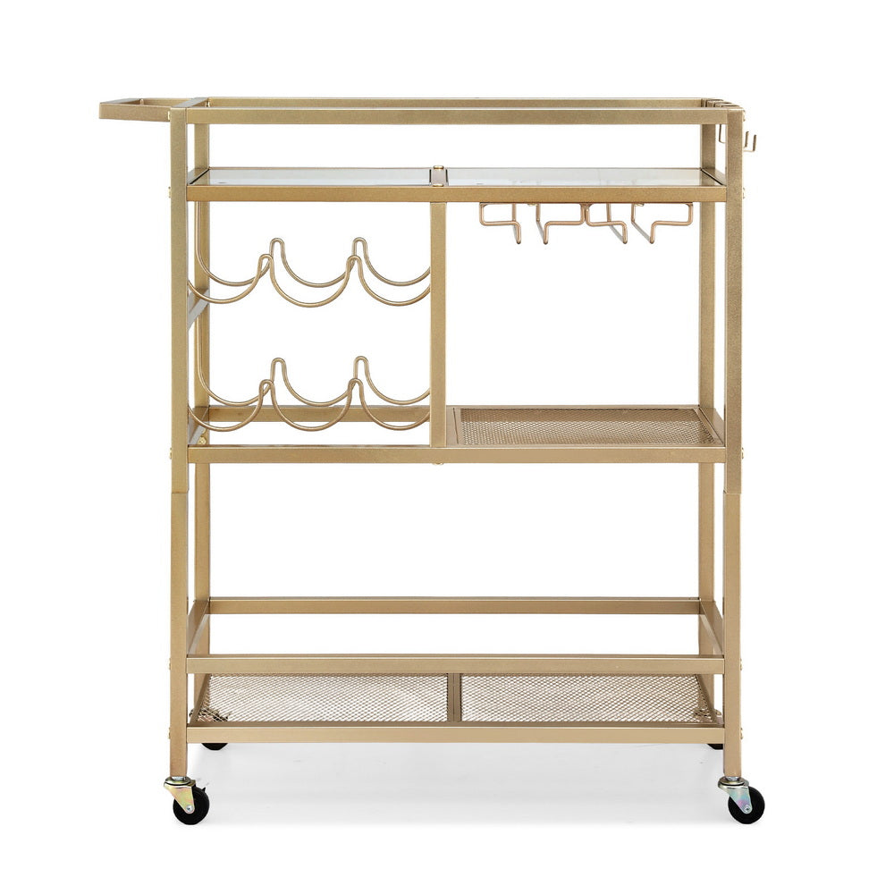 Artiss Bar Cart Drinks Trolley Serving Wine Rack Glass Holder 3 Hooks 72cm Gold Awezingly