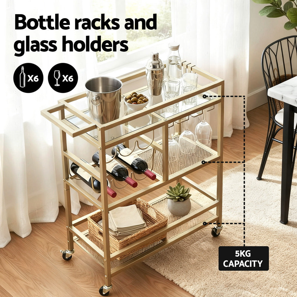 Artiss Bar Cart Drinks Trolley Serving Wine Rack Glass Holder 3 Hooks 72cm Gold Awezingly