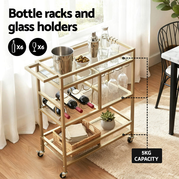 Artiss Bar Cart Drinks Trolley Serving Wine Rack Glass Holder 3 Hooks 72cm Gold Awezingly