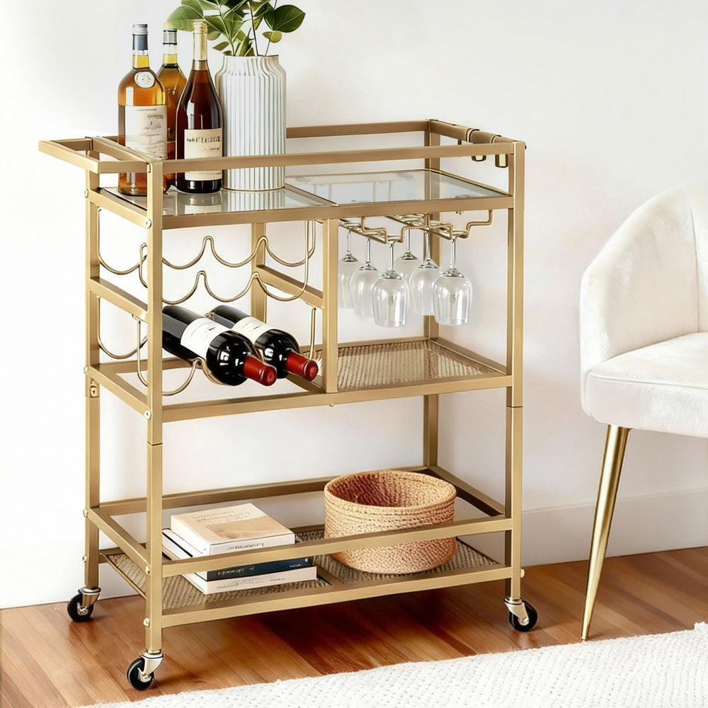 Artiss Bar Cart Drinks Trolley Serving Wine Rack Glass Holder 3 Hooks 72cm Gold Awezingly