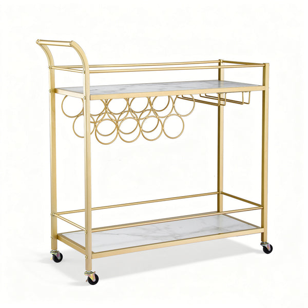 Artiss Bar Cart Drinks Trolley Serving Wine Rack Glass Holder Marble 85cm Gold Awezingly