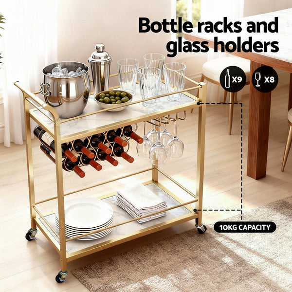 Artiss Bar Cart Drinks Trolley Serving Wine Rack Glass Holder Marble 85cm Gold Awezingly