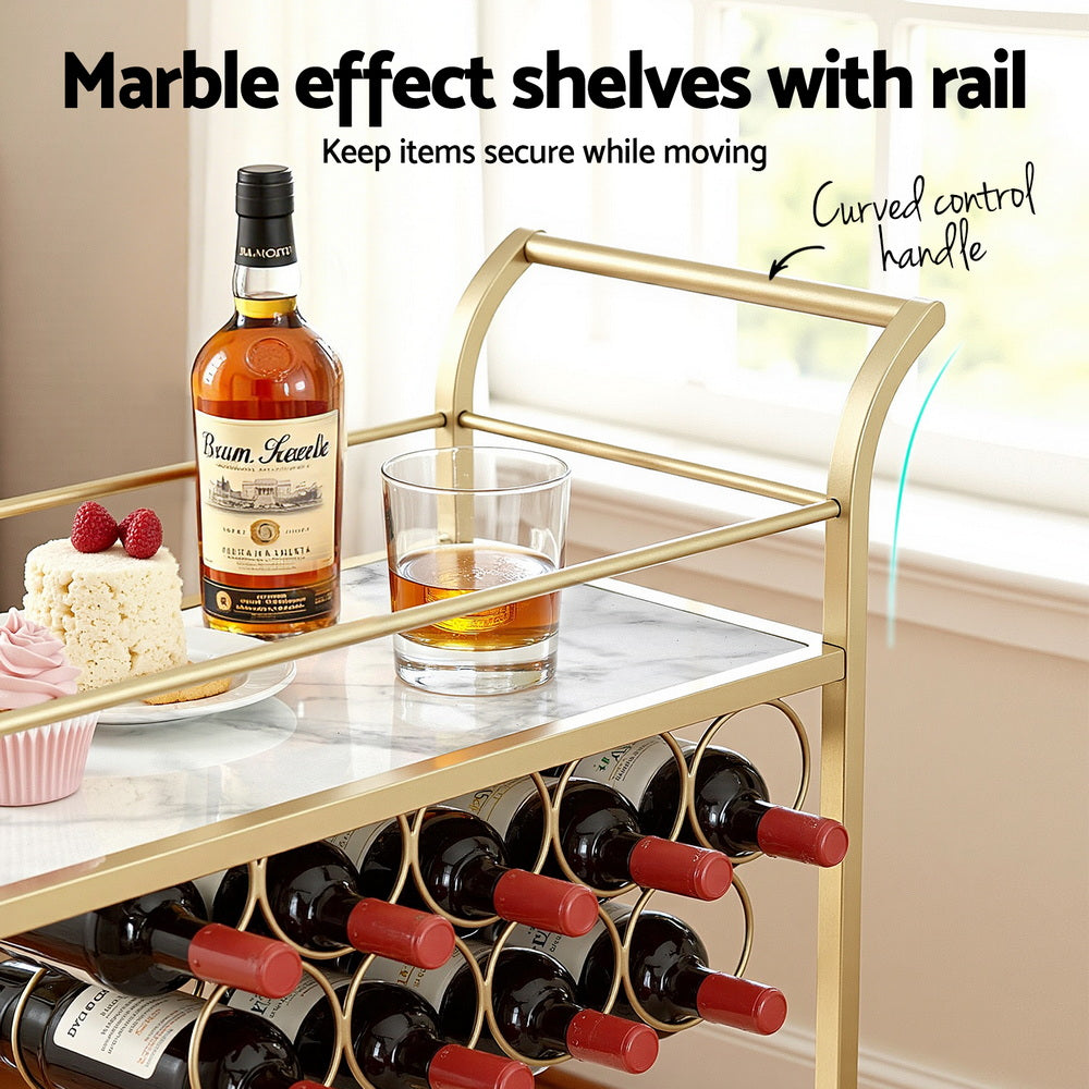 Artiss Bar Cart Drinks Trolley Serving Wine Rack Glass Holder Marble 85cm Gold Awezingly