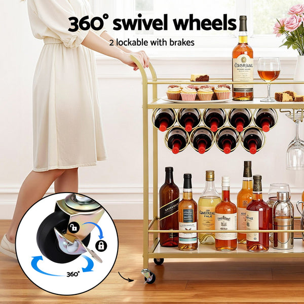 Artiss Bar Cart Drinks Trolley Serving Wine Rack Glass Holder Marble 85cm Gold Awezingly