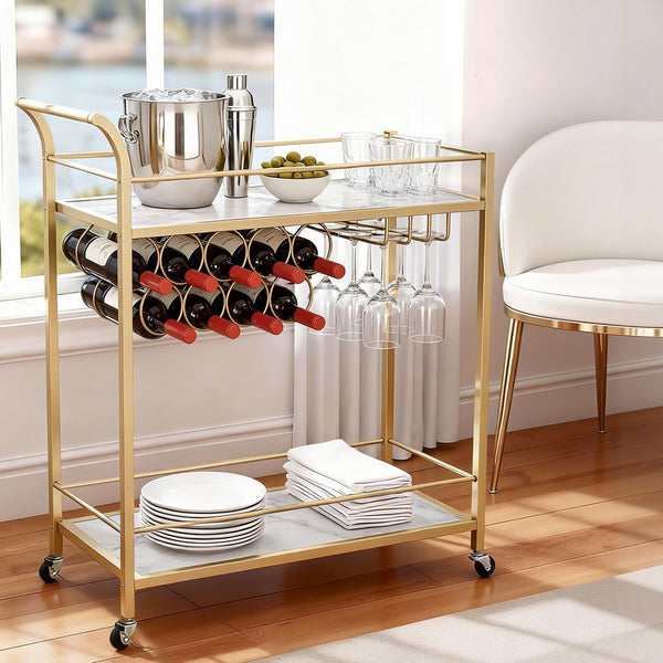 Artiss Bar Cart Drinks Trolley Serving Wine Rack Glass Holder Marble 85cm Gold Awezingly