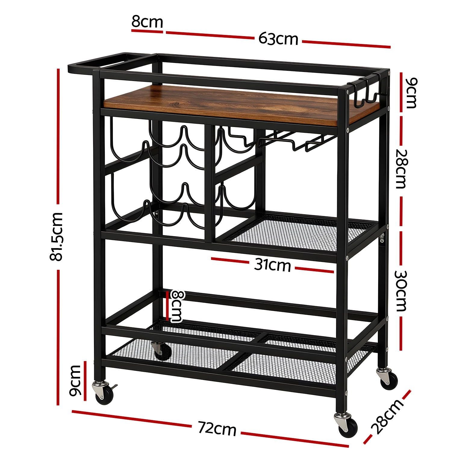 Artiss Bar Cart Drinks Trolley Serving Wine Rack Glass Holder 3 Hooks 72cm Black Awezingly