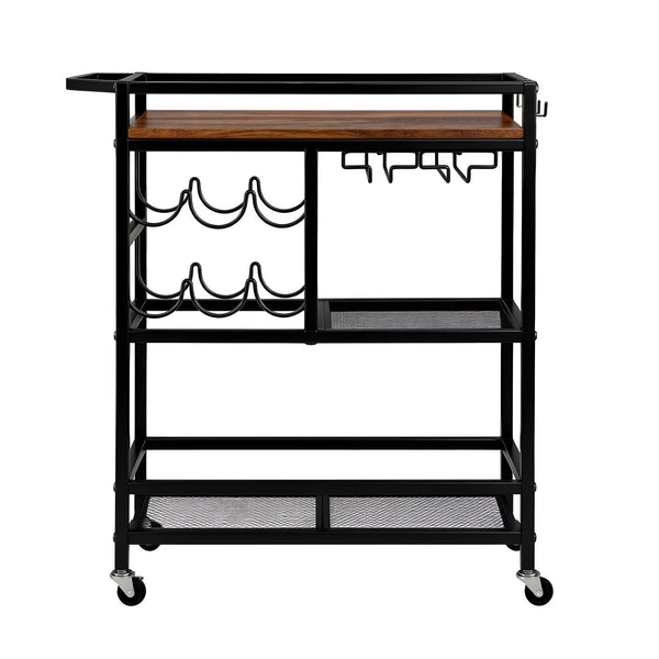 Artiss Bar Cart Drinks Trolley Serving Wine Rack Glass Holder 3 Hooks 72cm Black Awezingly
