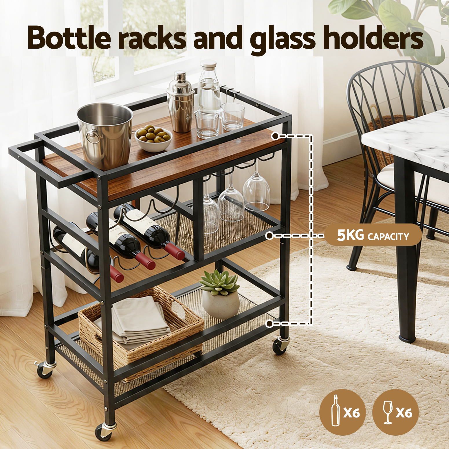 Artiss Bar Cart Drinks Trolley Serving Wine Rack Glass Holder 3 Hooks 72cm Black Awezingly