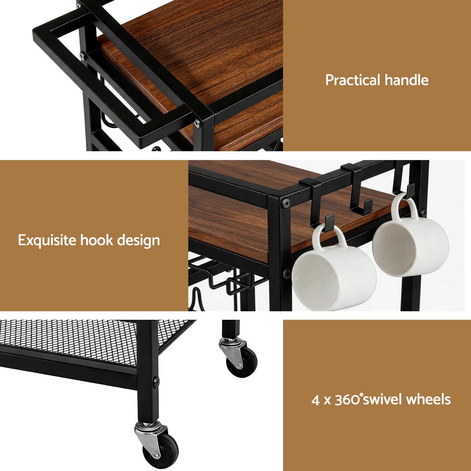 Artiss Bar Cart Drinks Trolley Serving Wine Rack Glass Holder 3 Hooks 72cm Black Awezingly